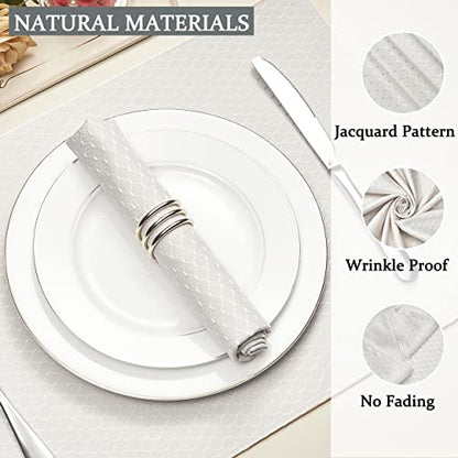 Ivory Jacquard 17x17 Square Polyester Cloth Napkins Set of 8 | Waterproof, Stain Resistant, Shrink Proof, Washable, fabric, Outdoor, Dining, Wedding, Kitchen, Party, Banquet, Reusable - color: Ivory