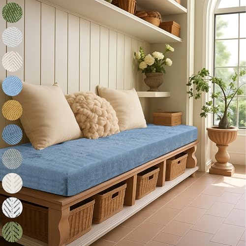 Bay Window Cushion, Bench Cushions Chenille Herringbone Fabric for Indoor Furniture, Mudroom, Reading Nook, Kitchen Dining Room, Breakfast Nook, 75D High-Resilience Foam, Non Slip Bottom - color: [Herringbone Weave] Far Mountain Blue