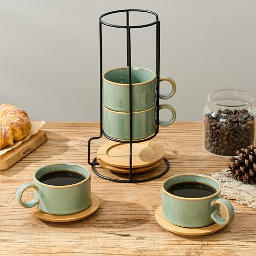 LUKA 6 Ounce Porcelain Stackable Espresso Cups with Saucers and Metal Stand Set of 4, Ceramic Cappuccino Cups Set for Specialty Coffee Drinks, Latte, Cafe Mocha and Tea, Wild Sage Earth - color: Wild Sage Earth