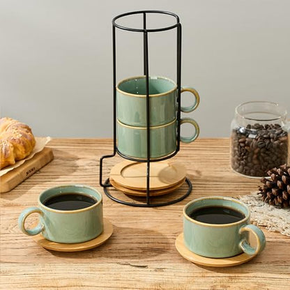 LUKA 6 Ounce Porcelain Stackable Espresso Cups with Saucers and Metal Stand Set of 4, Ceramic Cappuccino Cups Set for Specialty Coffee Drinks, Latte, Cafe Mocha and Tea, Wild Sage Earth - color: Wild Sage Earth