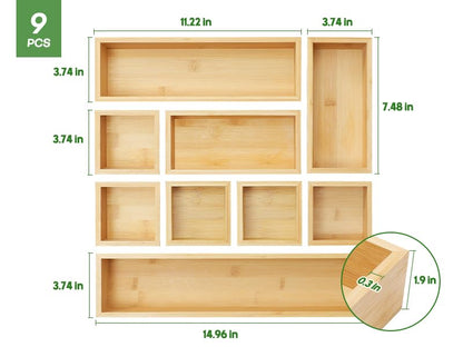 MapleGrace Bamboo Drawer Organizer Set, 9 PCS Wood Storage Organizers | Multi-Use Junk Drawer Divider, Storage Trays Containers for Kitchen, Bathroom, Office Desk, Makeup, Jewelry, Utensils - size: 9
