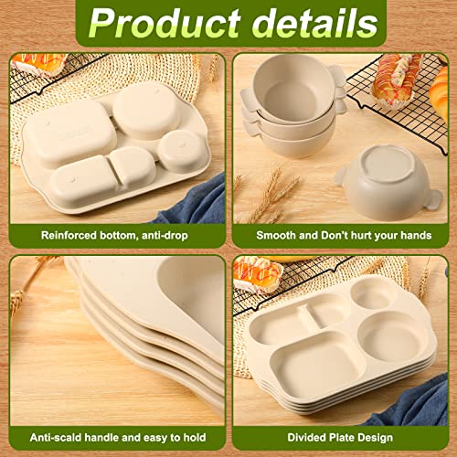 Honoson 24 Pcs Wheat Straw Dinnerware Cutlery Set, Service for 4, Unbreakable Plates and Bowls Set - Divided Plates, Bowls, Spoons, Forks & Knives, Microwave & Dishwasher Safe(Beige) - color: Beige