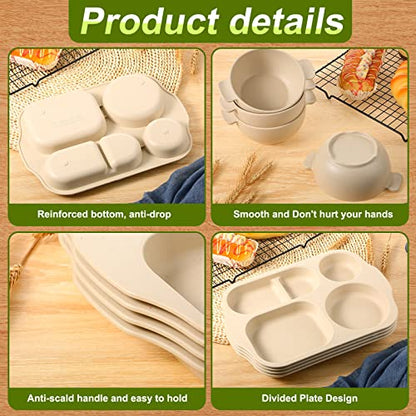Honoson 24 Pcs Wheat Straw Dinnerware Cutlery Set, Service for 4, Unbreakable Plates and Bowls Set - Divided Plates, Bowls, Spoons, Forks & Knives, Microwave & Dishwasher Safe(Beige) - color: Beige