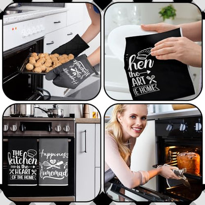 Sratte 12 Pcs Farmhouse Kitchen Decor and Accessories Sets 4 Black and Grey Kitchen Towels 4 Pot Holders 4 Oven Mitts Gloves for Home Rustic Decor Baking Cooking Supply