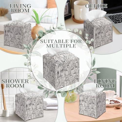 Abstract Line Art Tissue Box Holder, Modern Black White Faces Leather Tissue Box Cover Square, Paper Napkins Everyday Dispenser for Bathroom Night Stands Kitchen Office Car Home Decor