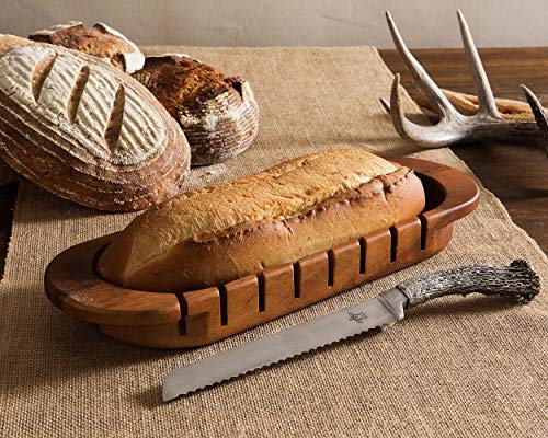 Oval Bread Board with Pewter Antler Knife - Rustic Lodge Style Cutting Board for Serving Bakery Loaves - 14.25" L x 5.25" W