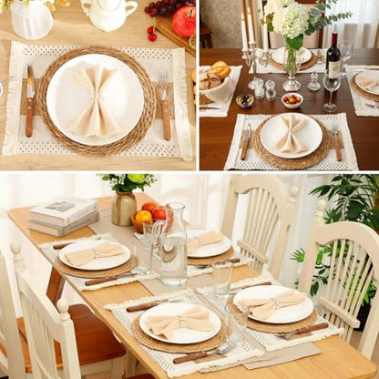 6 Sets Boho Placemats, Including 12 Inch Round Woven Rattan Placemats, Rectangle Burlap Boho Table Mats, Pearl Napkin Rings, Handmade Farmhouse Table Chargers for Home Wedding Party Decoration