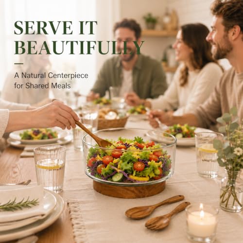 OMISTAR 3.8 Qt Glass Salad Bowl Set with Acacia Wood Base and Salad Servers | Dishwasher-safe for easy cleanup; made for pasta, fruit, trifle and generous sides at family dinners, potlucks and holidays