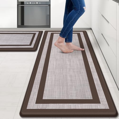 Mattitude Kitchen Mats Set of 2,Cushioned Anti-Fatigue Non-Skid Rug Sets | Ergonomic Comfort PVC Kitchen Mats for Floor,Soft Standing Mat for Kitchen,Floor,Office,Sink,Laundry, Chocolate Frame - color: Chocolate Frame, size: 17.3" x 47 "+ 17.3" x 29 "--0.