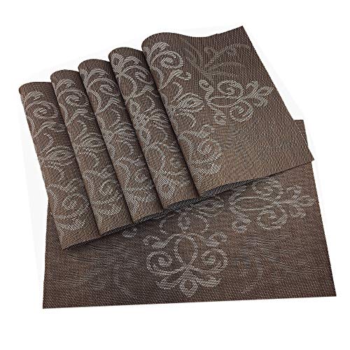 Luxury Coffee Placemats Set of 6 Crossweave Woven Vinyl Placemat for Dining Table Heat Resistant Non-Slip Kitchen Table Mats Easy to Clean - color: Symmetry-coffee
