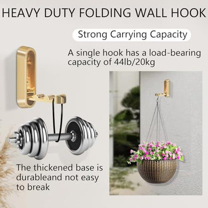 2PCS Foldable Gold Wall Hooks, Heavy Duty Zinc Alloy Folding Wall Hooks,Folding Coat Hooks, Flip Down Hook for Hanging Coats, Bags, Hats, Cooking Utensil, Bathrobes, Keys (Gold) - color: Gold, size: 2 Hooks