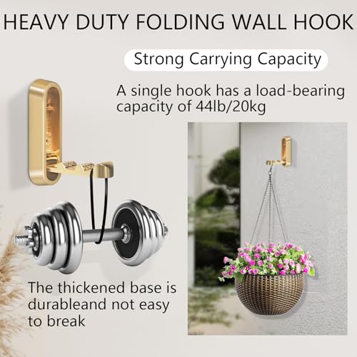 4PCS Foldable Wall Hooks, Heavy Duty Zinc Alloy Flip-Down Coat Hooks with Screw Mount, Holds up to 44 Lbs, Space-Saving Folding Wall Hangers for Bathroom, Closet, Bedroom, Entryway (Gold) - color: Gold, size: 4 Hooks
