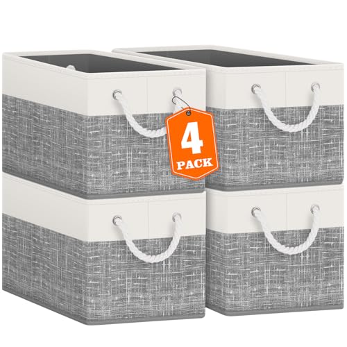 Storage Bins 4-Pack, Foldable Storage Baskets for Organizing Toys, Books, Shelves, Closet, Large Storage Box with Rope Handles, Sturdy Organizer Bins, White & Grey - color: White & Grey, size: 4pack