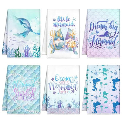 Redbaker 6 Pcs Mermaid Kitchen Towels, Ocean Blue Dish Towels Decor | Sea Themed Dish Cloths, Cute Kitchen Decor for Housewarming Birthday Party, Decorative Drying Set, Decorative Summer Gift - style: Mermaid