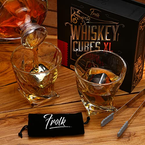 4 XL Stainless Steel Whisky Ice Cubes, Special Tongs & Freezer Pouch in Luxury Gift Box for Whiskey Lovers!