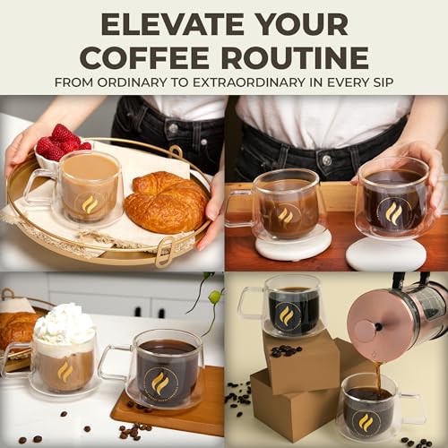 GLORAMA Double Walled Glass Coffee Mugs - 10oz Coffee Mugs for Tea, Espresso, & Cappuccino - Freezer & Microwave Safe Coffee Mugs Set of 4