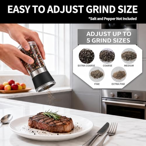 Premium Salt and Pepper Grinder Set of 2, 6 oz Refillable Glass Salt and Pepper Shakers with Adjustable Ceramic Grinder, Manual Pepper Mill Set Includes Funnel & Cleaning Brush, Transparent Lid - color: Black, size: 2.6"W x 5"H