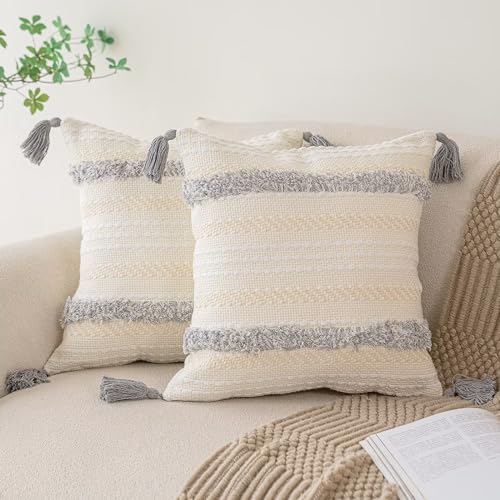 BUIOVBEY Boho Throw Pillow Covers Woven Tufted Pillow Cases with Tassels | Farmhouse Pillow Covers 20x20 Set of 2 Textured Striped Cushion Case Neutral Decorative Pillowcase for Sofa Couch Light Grey - color: Light Grey, size: 20" x 20" (Pack of 2)
