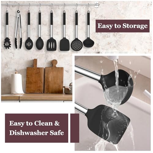 TeamFar Kitchen Utensils Set of 8, Silicone Utensils Kitchen Tools Set | with Stainless Steel Handle, for Frying Serving Flipping Draining, Non-toxic & Heatproof, Nonstick & Dishwasher Safe - Black - color: Black