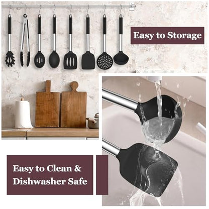 TeamFar Kitchen Utensils Set of 8, Silicone Utensils Kitchen Tools Set | with Stainless Steel Handle, for Frying Serving Flipping Draining, Non-toxic & Heatproof, Nonstick & Dishwasher Safe - Black - color: Black