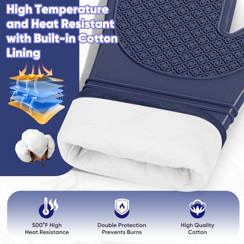 Silicone Oven Mitts, Heat Resistant Oven Gloves with Quilted Liner, Waterproof & Non-Slip Kitchen Mittens for Baking Cooking BBQ, 500°F, 12.5"-Ink Blue - color: Ink Blue