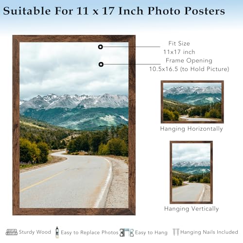 11x17 Picture Frame Deep Brown for Wall Hanging, Wood 11 x 17 Frame Photo Frame for Wall Horizontally or Vertically, Deep Brown, 3 Pack - size: 11x17 inch