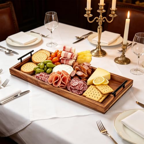 32" Extra Large Foldable Acacia Wood Charcuterie Board with Handles, Oversized Ottoman Tray with 4 Cheese Knives & Knife Holder, Folding Wooden Serving Tray for Cheese, Meat, Fruit, Bread, Kitchen