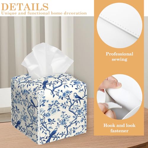 Blue Flowers Tissue Box Cover, Birds Tissue Box Holder Waterproof Leather Facial Paper Organizer Dispenser for Bathroom Home Car Nightstand Vanity - color: Blue Flowers Birds