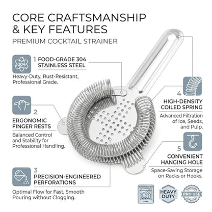 Hawthorne Cocktail Strainer, Food-Grade Stainless Steel Bar Drink Strainer | Hawthorne Cocktail Strainer, High-Density Spring, Food-Grade 304 Stainless Steel, Perfect for Shakers and Mixing Glasses