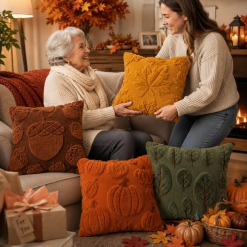 Tiamon 4 Pcs Fall Throw Pillow Covers 18 x 18 Inch Autumn Pillow Cases 3D Embroidered Pumpkin Leaf Plush Fluffy Faux Fur Cushion Covers for Thanksgiving Harvest Decoration Farmhouse Home Sofa Couch - style: Fall B