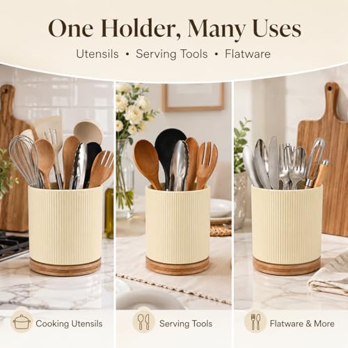 360° Rotating Ceramic Utensil Holder,Utensil Crock for Kitchen Counter | Kitchen Utensil Holder for Countertop with Rotatable Wooden Base,Ideal Housewarming Gifts & Mothers Day Gift-Yellow - color: Cream Yellow
