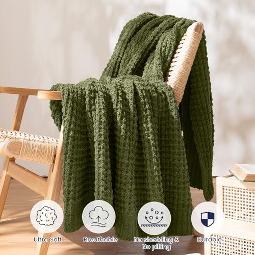 PHF Chenille Waffle Knit Throw Blanket- Plush Warm & Cozy 50" x 60" Ultra Soft Blanket- Chunky Fluffy Waffle Throws for Couch Bed Sofa - Olive Green - color: Olive Green, size: Throw(50"X60")