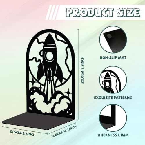 5.3"x4.3"x7.9" Metal Bookends, Heavy Duty Book Ends for Shelves | Rocket Theme Cast Iron Book Supports, 1 Pair Decor Stoppers for Desk, Library, Office & Home Shelves - style: Rocket