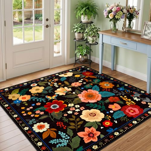 RELEANY Floral Washable Square 5ft Area Rug Black | Flower Carpet, Print, Boho, Non-Slip, Easy to Clean, Soft, Low Pile for Living Room Bedroom Kitchen Office Entryway Hallway - color: Black, size: 5' (Square)
