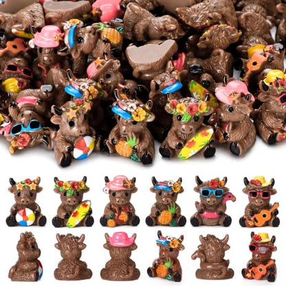 Yaomiao 60 Pcs Mini Highland Cow Figurines Resin Hawaii Highland Cow Figurines Summer Miniature Resin Gift Hawaii Decorations for Beach Hawaiian Party Favor Gift Tiered Tray Decor - style: Hawaii Highland Cow