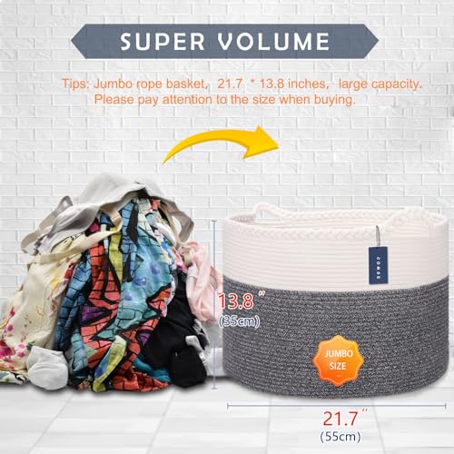 COMSE XXXLarge Woven Blanket & Laundry Basket, 87L, White & Black | 21.7" x 13.8", Cotton Rope, Nursery Hamper for Storage of Toys Clothes Towels, Ideal for Living Room Bedroom Bathroom - color: White & Black