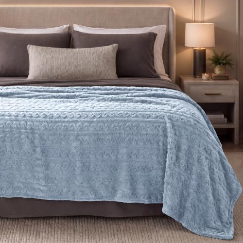 Bare Home Faux Shearling Blanket (Full/Queen, Cable Dusty Blue) | Blanket for Bed, Sofa, Couch, Camping, Travel, and Gifts, Warm & Lightweight, Fluffy & Soft - color: 12 - Cable Dusty Blue, size: Full/Queen