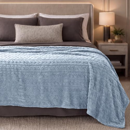 Bare Home Faux Shearling Blanket (Full/Queen, Cable Dusty Blue) | Blanket for Bed, Sofa, Couch, Camping, Travel, and Gifts, Warm & Lightweight, Fluffy & Soft - color: 12 - Cable Dusty Blue, size: Full/Queen