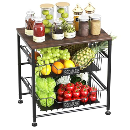 3 Tier Fruit Basket for Kitchen Metal Storage Organizer with Drawers | Adjustable Feet,Easy Assembly