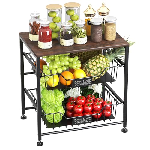 3 Tier Fruit Basket for Kitchen Metal Storage Organizer with Drawers | Adjustable Feet,Easy Assembly