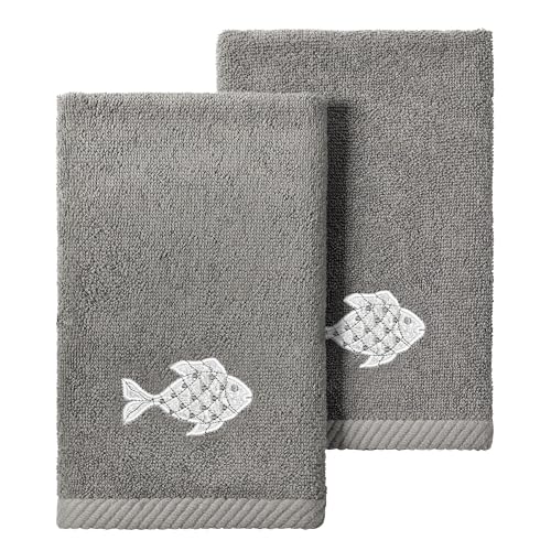 Treasure 2-Piece Fingertip Towel Set, Unique Fish Embroidery, 100% Turkish Cotton, Soft & Luxurious, Charming Touch, 2 Fingertip Towels, Charcoal - color: Charcoal, size: 2 Pcs Fingertip Towel
