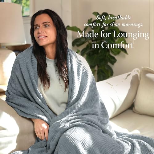Threadmill Cotton Twin Blanket, Herringbone, Scottish Grey, 68x92 in | 100% Cotton, Herringbone Pattern, 350 GSM, 68x92 in, Breathable, All-Season, OEKO-TEX Certified, Machine Washable - color: Scottish Grey, size: Twin (68" x 92")