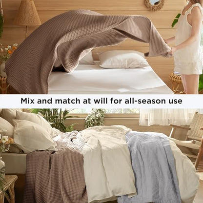 Bedsure Lightweight 100% Cotton Waffle Blanket, Throw XL, Coffee Brown | Summer, Breathable, Soft, Comfort, Light, Thin, Textured, Bed, Couch, Sofa, Chair, 50"x70", Sheet Blanket, Cozy Gifts - color: Coffee Brown, size: Throw Xl (50" X 70")