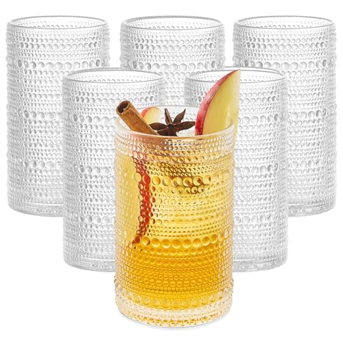 12 Oz Hobnail Drinking Glasses Set of 6 - Clear Multipurpose Glassware Sets, Decorative Glasses Drinking Set for Bar, Kitchen, Cocktail Glassware - w/Straws, Brushes, Ice Cubes, & Cloth Bag