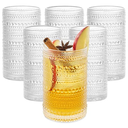 12 Oz Hobnail Drinking Glasses Set of 6 - Clear Multipurpose Glassware Sets, Decorative Glasses Drinking Set for Bar, Kitchen, Cocktail Glassware - w/Straws, Brushes, Ice Cubes, & Cloth Bag