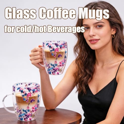 Viovian 13oz Double Wall Glass Coffee Mugs Set of 2 Insulated Glass Coffee Cups with Handles,Clear Dried Flower Tea Mug for Hot Beverages,Tea Cup Women Birthday Gifts - color: 13oz double wall glass mugs set of 2（Starry Sky）