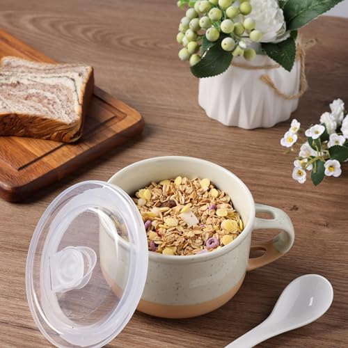 GBhome Ceramic Soup Mugs with Handles and Lids,24 OZ Soup Cups Set of 4 | Terracotta Underside,Mug Bowls with Spoon for Soup/Cereal/Salad/Noodles/Ramen/Microware &Dishwasher Safe-Grey&Beige - color: Grey&Beige