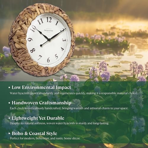 Farmhouse Series, Rustic Woven Clock | 14-Inch Natural Woven Water Hyacinth/Seagrass Wall Clock, Wall Art for Home & Farmhouse Décor - size: 14 inch