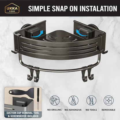 Suction Cup Corner Shower Caddy with Hooks and Towel Bar for Bathroom. Aluminum, Reusable, Rustproof, No Drill, No Tools, No Glue. Multifunctional, Hang Towel, Loofah, Sponge (2 Pack, Gray)