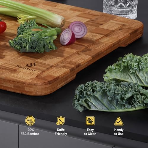 Extra Large Bamboo Wooden Cutting Board Wood Cutting Boards for Kitchen | Heavy Duty, End Grain, Non Toxic, Non Slip, Cutting Board Set, Solid Thick, Juice Groove, Butcher Block, Best Kitchen Gift - size: 23.5"L x 18"W